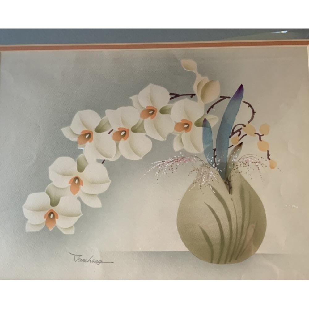 Vintage Airbrush Watercolour - Orchid Ikebana Signed Janching Amazing